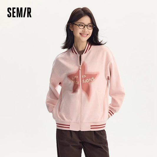 Coat Women Mid-Length Imitation Suede Loose Contrast Color Jacket Autumn Letter American Retro Star Baseball Coat