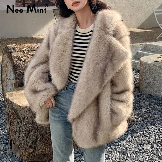 Chaqueta de piel sintética de marca de lujo para mujer, abrigo holgado de gran tamaño, largo y esponjoso, con degradado de color animal, para invierno