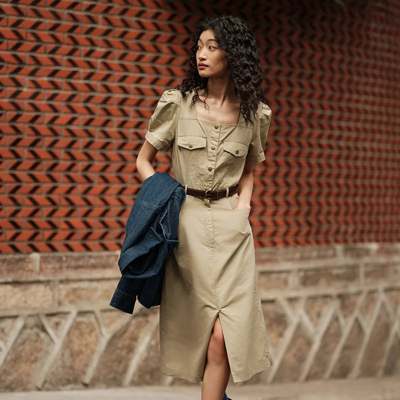 Vestido de verano para mujer, con escote cuadrado y abertura, estilo utilitario lavado con sal y aires vintage.