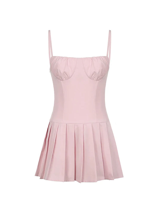 Solid Sleeveless Fit And Flared Spaghetti Strap Pleated Dresses Women Sweet Style Summer Clothes
