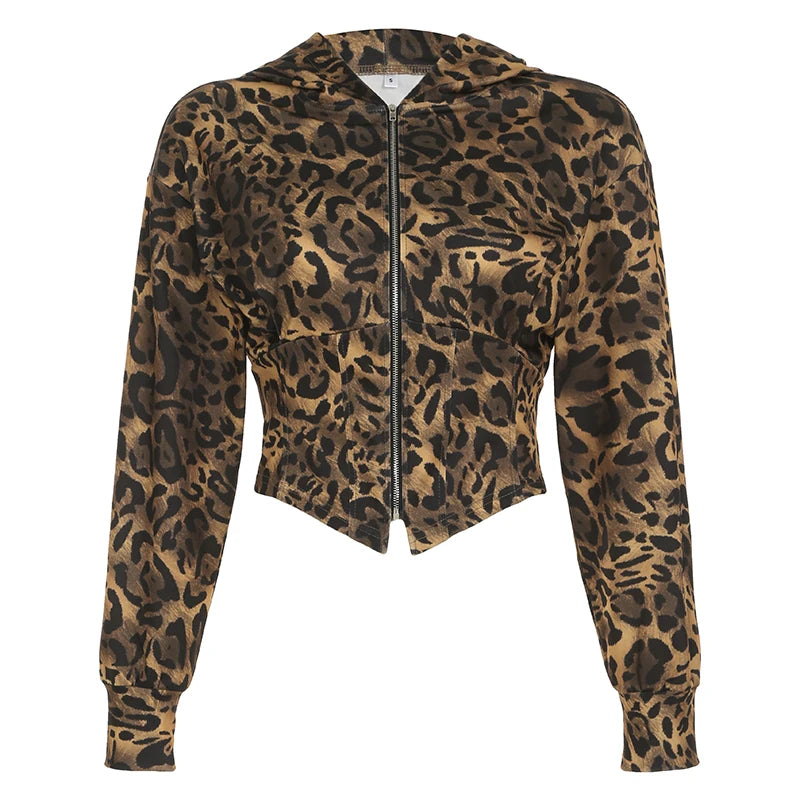 Sudadera con capucha y cremallera para mujer, de otoño, de manga larga, con cintura ajustada y estampado de leopardo, estilo urbano, Gyaru Baddie Y2k