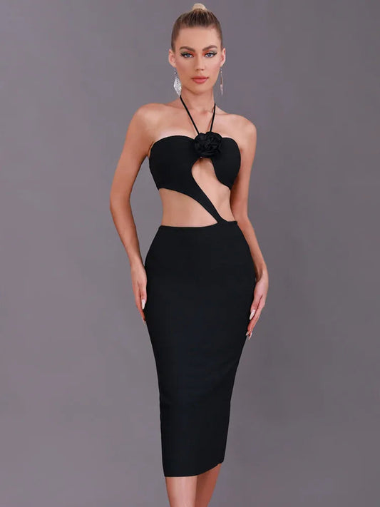 Eudora Bandage Halter Dress with Cut Out Flower Detail