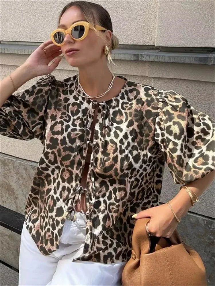 Camisetas con estampado de leopardo para mujer, blusas informales de manga corta con contraste, con cordones, ajustadas, estilo Y2k, camisetas de otoño tipo vendaje