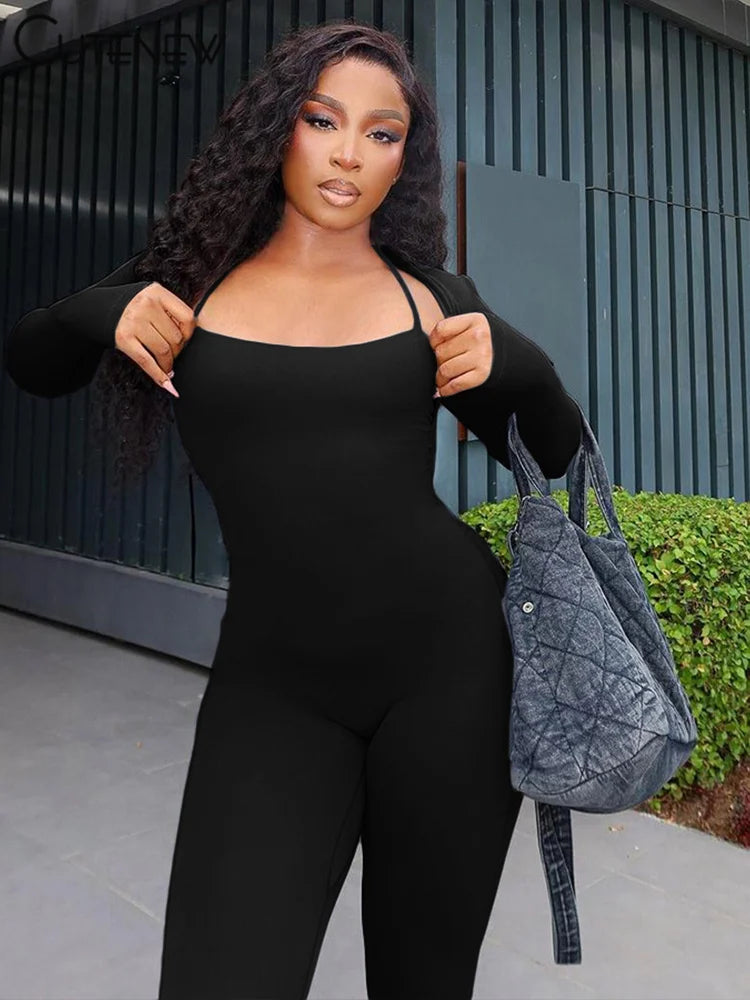 Sporty Women Jumpsuits 2 Piece Casual Cross Sleeveless Skinny Stretch Overalls+Crop Cardigan Tops Female Fall Tracksuits