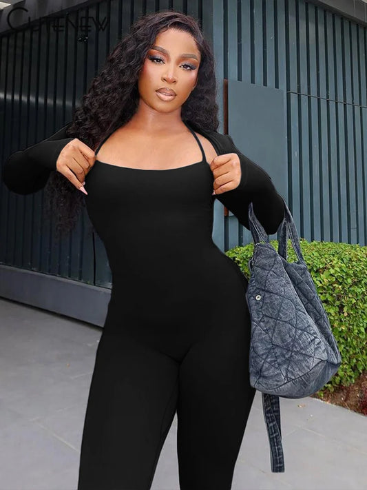 Sporty Women Jumpsuits 2 Piece Casual Cross Sleeveless Skinny Stretch Overalls+Crop Cardigan Tops Female Fall Tracksuits