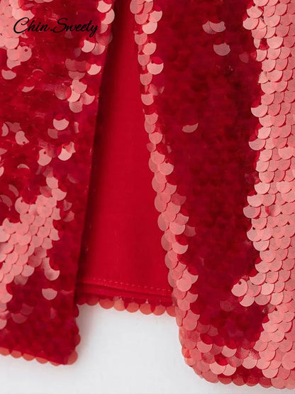 Sequins Red Christmas Sequin Skirts For Women Shiny Split Loose High Waist Straight Skirt 2025 Spring Party Y2K Streetwear New
