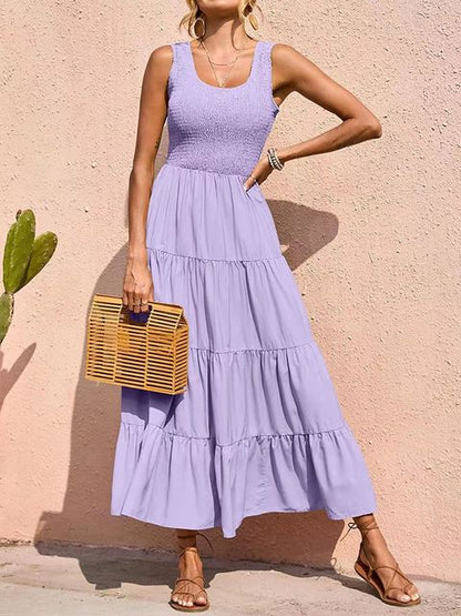 Dresses For Women 2025 Summer Sexy Elegant Sleeveless Floral Solid Color Long Dress Fashion Elastic Waist Beach Party Big Swing