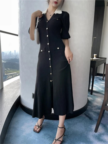 Vestidos de punto elegantes de otoño para mujer, vestido midi de una sola botonadura con cuello en V y mangas abullonadas, moda para mujer