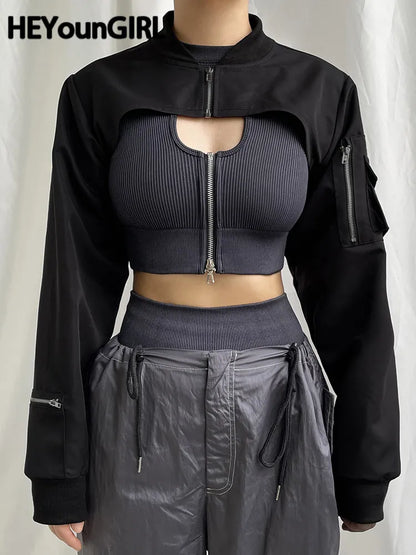 Super-short Black Jacket Zipper Long Sleeve Harajuku Cropped Tshirt Gothic Techwear Fashion Korean Tee Punk Street