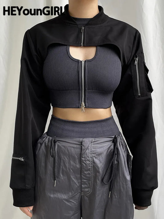 Super-short Black Jacket Zipper Long Sleeve Harajuku Cropped Tshirt Gothic Techwear Fashion Korean Tee Punk Street