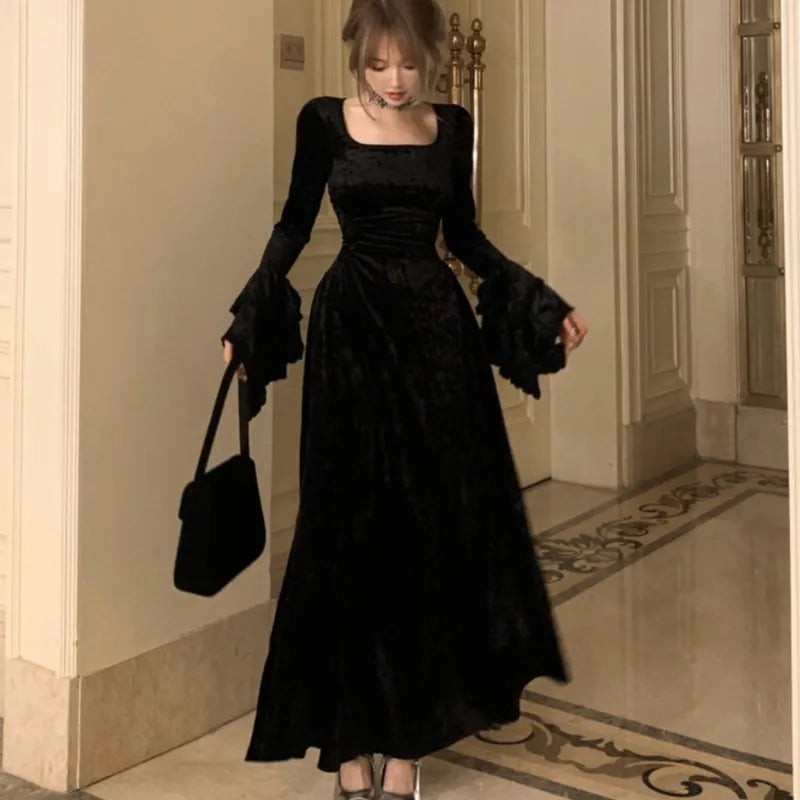 Vestidos largos de terciopelo Y2K para mujer, con mangas acampanadas, cuello cuadrado, cintura estrecha, corte en A, para fiesta de noche y graduación, para otoño e invierno