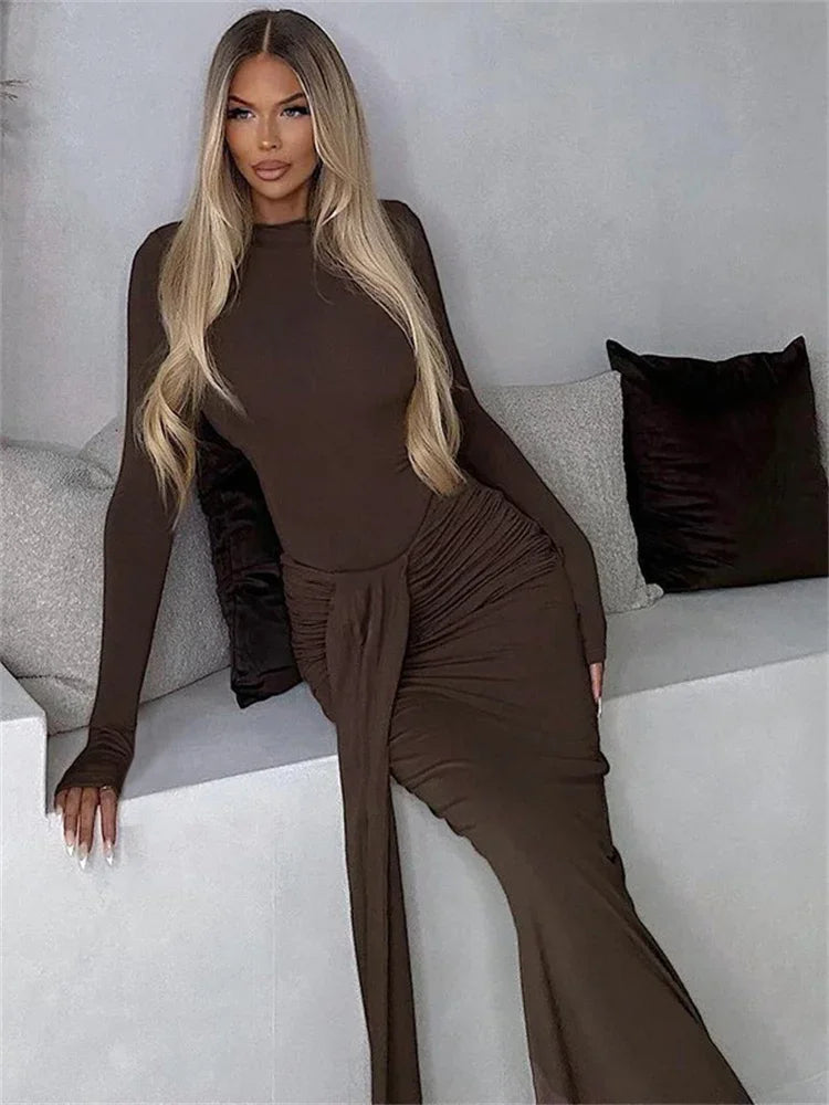 Conjunto de dos piezas de invierno para mujer: falda larga, mono informal de cintura alta y falda larga plisada, conjuntos sexis ajustados de color liso.