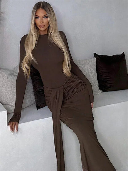 Conjunto de dos piezas de invierno para mujer: falda larga, mono informal de cintura alta y falda larga plisada, conjuntos sexis ajustados de color liso.