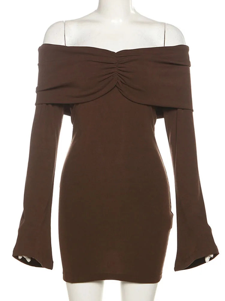 Vestido retro de un solo hombro ajustado con mangas acampanadas para mujer, minivestido sexy con fruncido liso, cintura alta, ropa de fiesta para discoteca