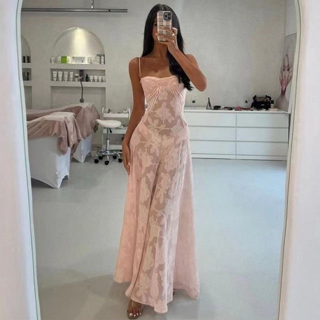 2025 Summer New Dresses For Women Spaghetti Strap Lace Hollow Out Low Cut Sexy A-lin Long Dress Beach Vacation Fashion Vestidos