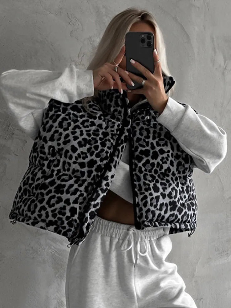 Vintage Leopard Zipper Cotton Vests Women Casual Loose Sleeveless Lapel Short Coats Female Autumn Chic Elegant Street Outwear