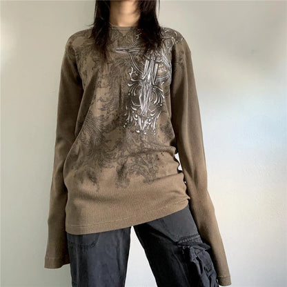 Vintage Graphic T Shirt y2k Aesthetic Women Print Round Neck Long Sleeve Tops 2000s Fairy Grunge Clothes Streetwear