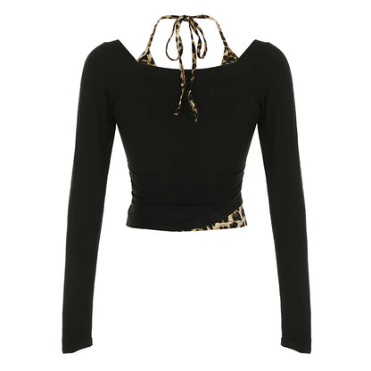 Camiseta de dos piezas con estampado de leopardo y parches de leopardo para mujer, diseño sexy y ajustado de manga larga, blusas y camisas nuevas de moda