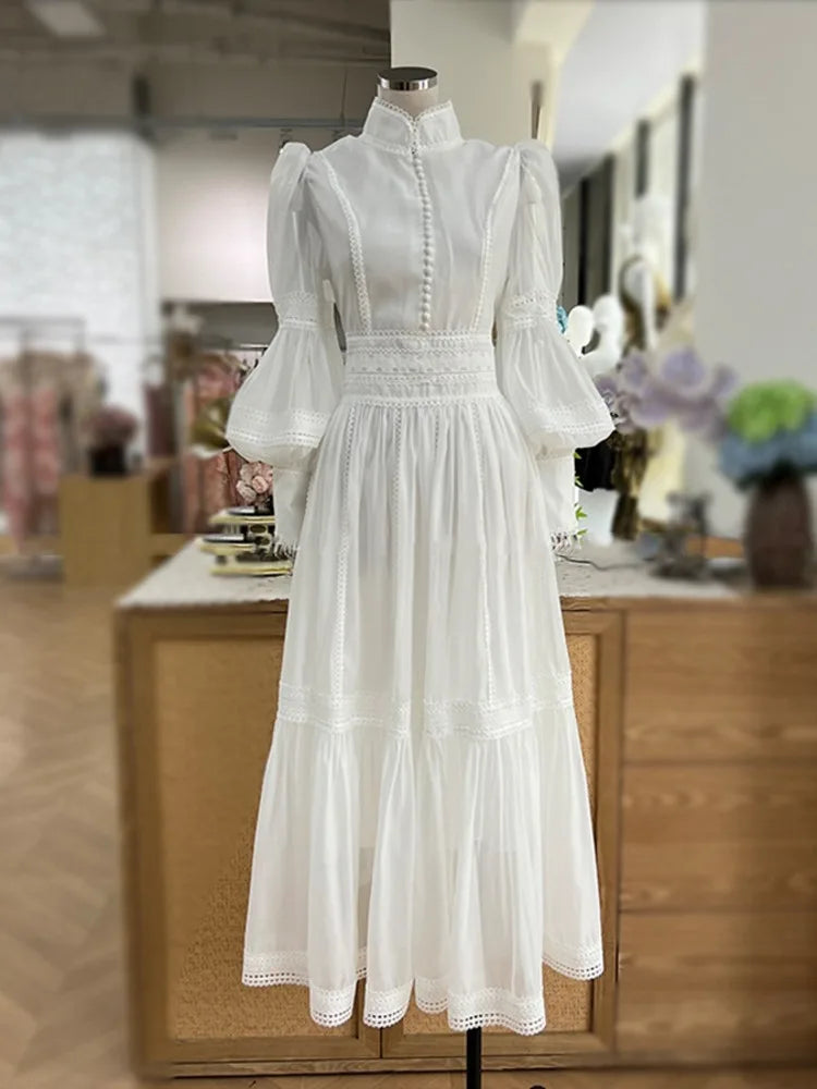 Elegante vestido largo estilo hada, cuello alto, mangas farol, cintura ajustada, moda para mujer, primavera otoño 2025, 1351