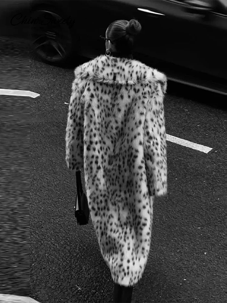 Abrigo largo de piel sintética con solapa y estampado de animales para mujer, abrigo holgado de manga larga con bolsillo, abrigos de otoño e invierno, prendas de vestir cálidas y gruesas para la calle.