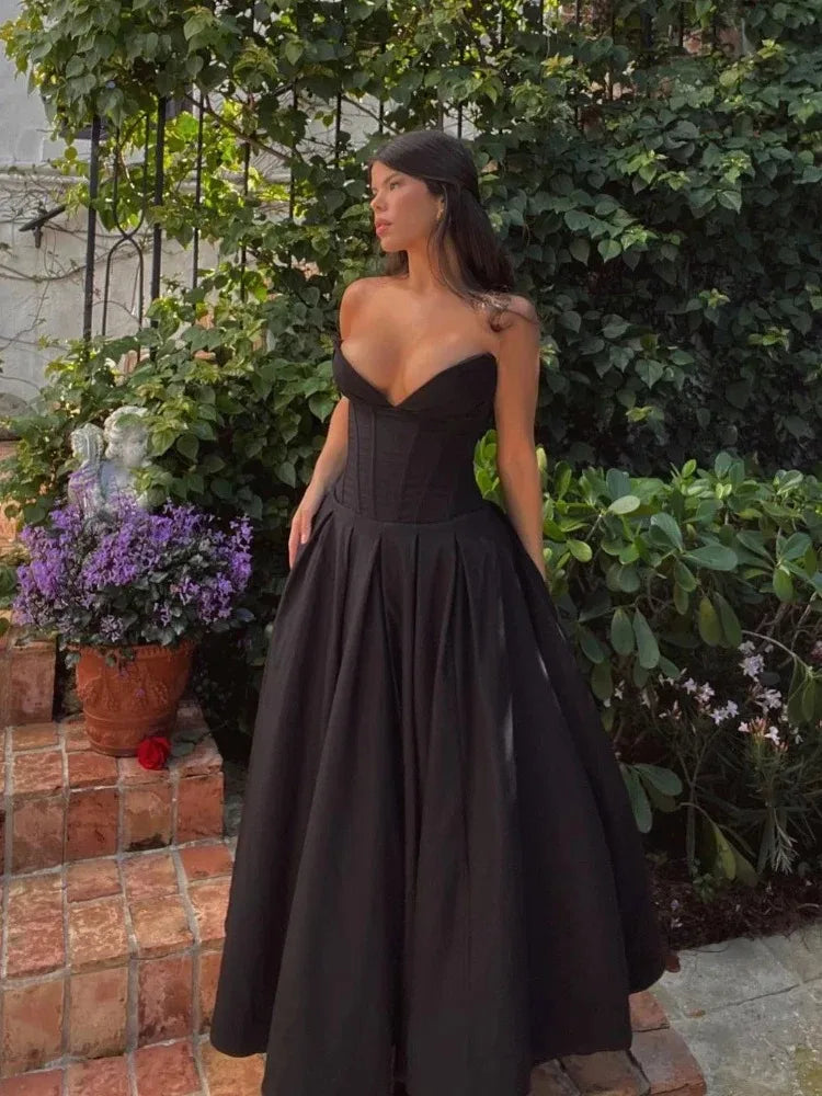 Vestido negro elegante para bodas, eventos, sexy, sin tirantes, con corsé, vestido midi para fiesta de Navidad, ropa para mujer.