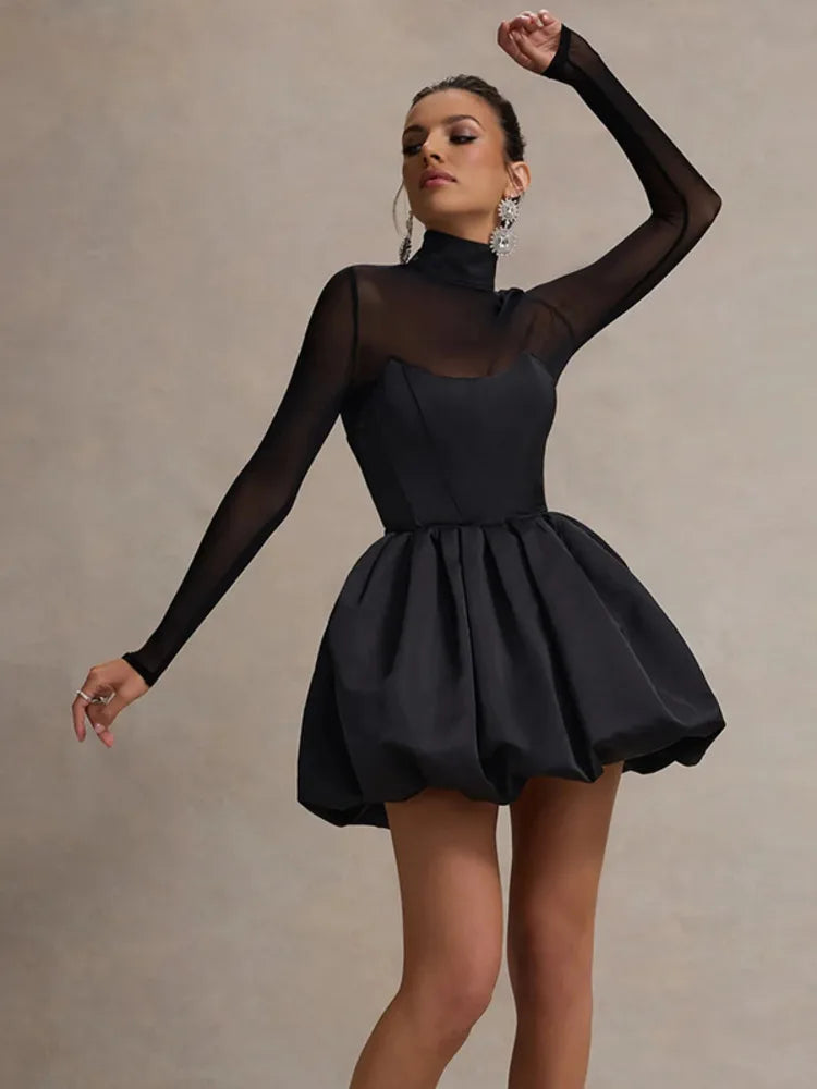 Vestido mini sexy de cuello alto transparente de manga larga para mujer, negro, transparente, de cintura alta, corte A, para fiesta, club, elegante
