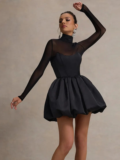 Vestido mini sexy de cuello alto transparente de manga larga para mujer, negro, transparente, de cintura alta, corte A, para fiesta, club, elegante