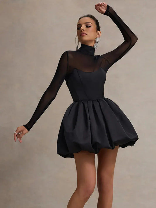 Vestido mini sexy de cuello alto transparente de manga larga para mujer, negro, transparente, de cintura alta, corte A, para fiesta, club, elegante