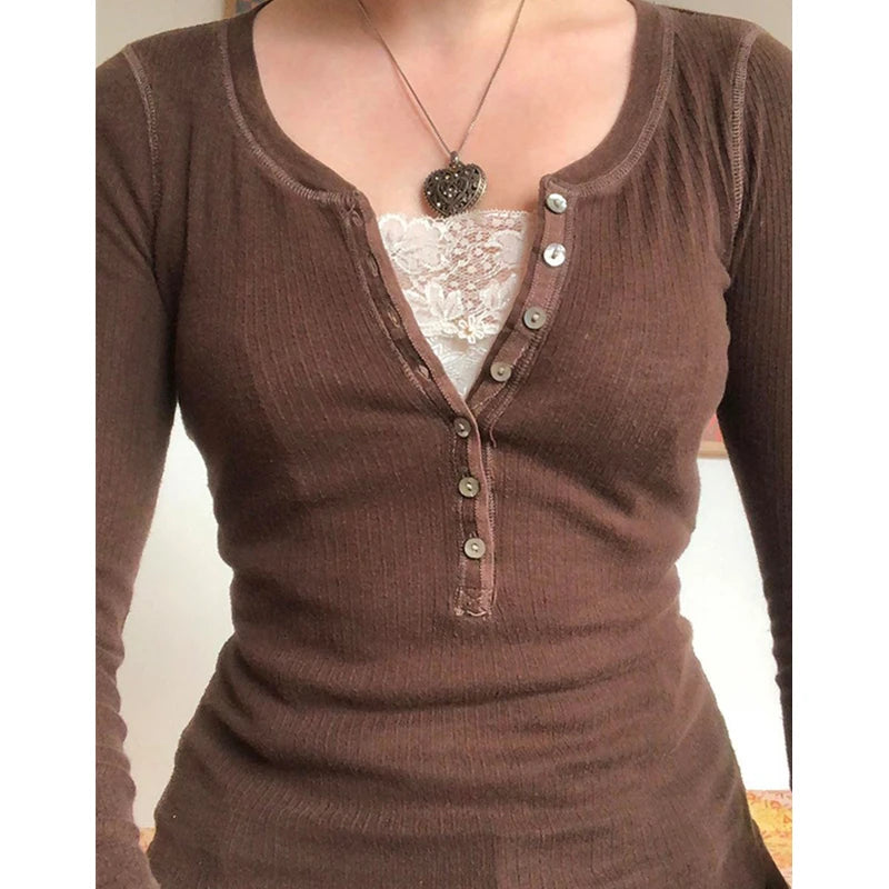 y2k Fairy Grunge Tops Women Button Lace Patchwork Long Sleve T Shirt Autumn Basic Pullovers Retro Aesthetic Clothes