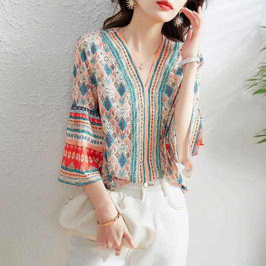 Blusas de gasa estilo vintage de verano para mujer, blusas informales con mangas acampanadas y cuello en V, blusas estampadas ZZ1326