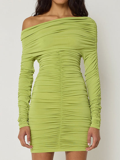 Elegant Long Sleeved Pleated Elastic Tight Dress Women 2025 New Autumn/Winter Short Skirt Sexy Slim Party Club Vestido