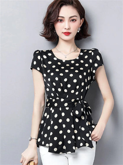 Blusas informales de gasa de verano para mujer, camisas de manga corta con cuello redondo y estampado de lunares, DF2824