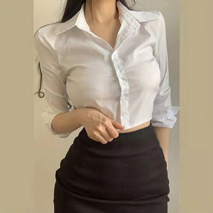 Top corto de verano de los años 2000 para mujer, sexy, de color liso, con cuello de solapa, camisa de manga larga con una botonadura, ropa urbana Y2K