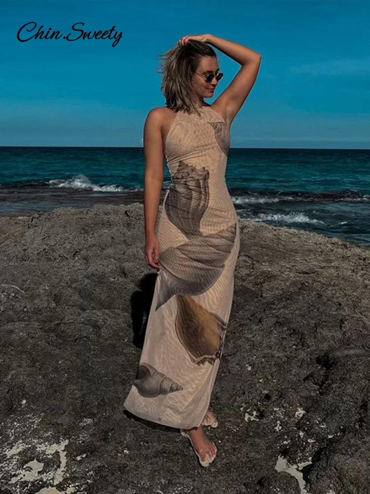 Vestidos largos de tul con espalda descubierta y estampados para mujer, vestidos de fiesta sin mangas con cuello halter y cordones, moda 2025, batas ajustadas para vacaciones en la playa.