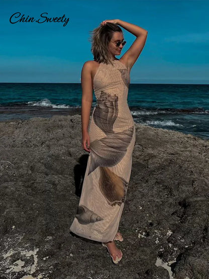 Vestidos largos de tul con espalda descubierta y estampados para mujer, vestidos de fiesta sin mangas con cuello halter y cordones, moda 2025, batas ajustadas para vacaciones en la playa.