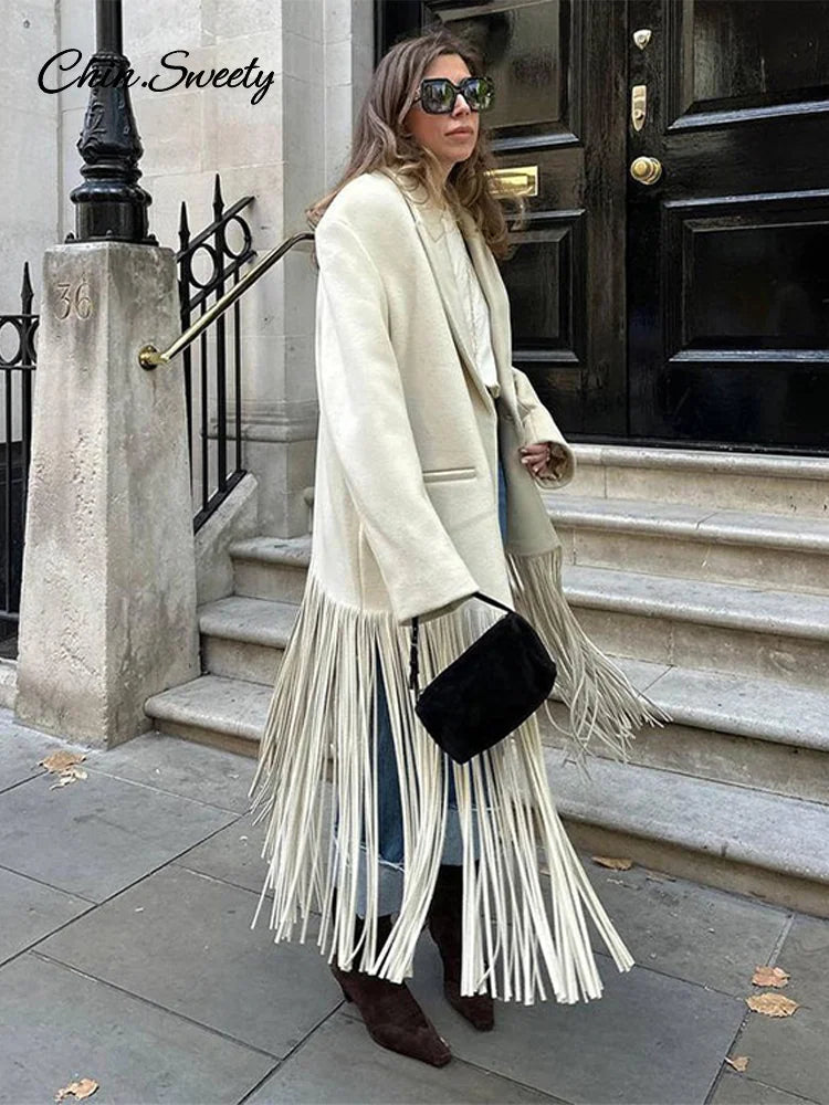 Abrigo largo de lana con borlas para mujer, chaqueta holgada de manga larga con solapa y botonadura sencilla, color marrón, primavera 2025