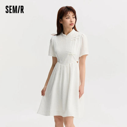 Women Dress Small Stand-Up Collar Buttoned Elegant And Gentle Summer Slightly Sexy Short Skirt  New Arrival