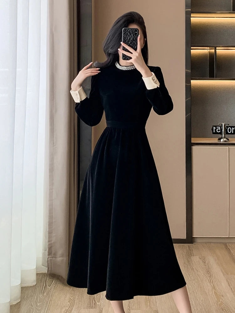 Mujer Primavera Verano Nuevo Elegante Terciopelo Patchwork Midi A Line Vestidos Oficina Dama Manga Larga Fiesta Moda Una Pieza Bata