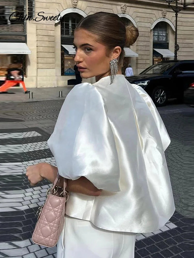 Elegant Satin Puff Short Sleeve Top Women Loose Solid Buckle O-neck Shirts Female 2025 Spring Summer Fashion Office Lady Outwear