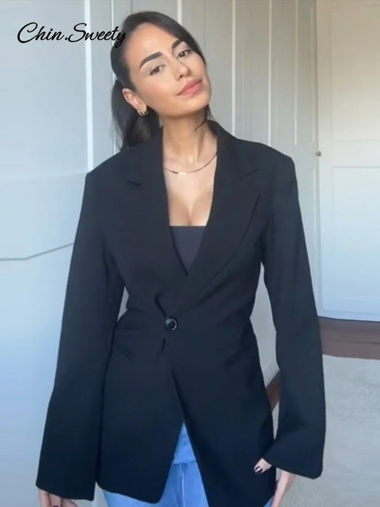Fashion Women’s Fitted Blazer Solid Long Sleeve Single Button Notched Neck Suit Jacket 2025 Spring High Street Female Outfits