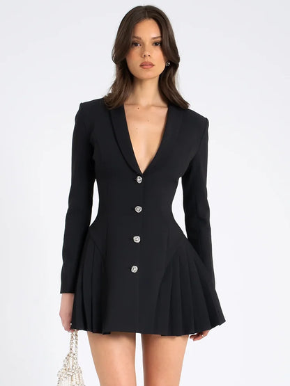 Vestido mini blazer negro de otoño para mujer, moda, escote en V, botonadura sencilla, manga larga, cintura alta, plisado, sexy.