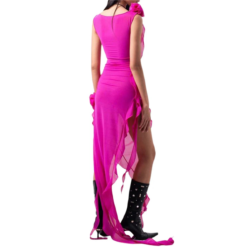 Ruffle Dresses for Women  Solid Color Sleeveless Irregular Hem Long Dresses See Through Sheer Dress with 3D Flower