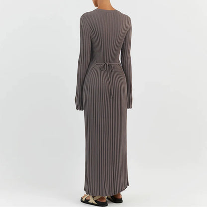Women Elegant Ribbed Knit Full Sleeve Maxi Dress Crew Neck Bodycon Pencil Long Dress Tie Waist Dress 90s Vintage Streetwear