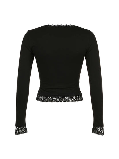 Camiseta de manga larga ajustada con cuello cuadrado y ribete de encaje, color negro, lisa, sencilla, básica, para primavera y otoño, para mujer, ropa de calle Y2K
