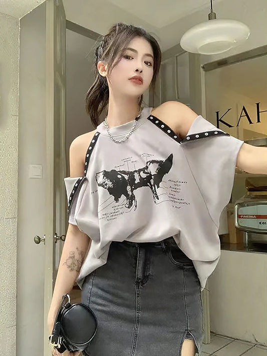 Blusa elegante juvenil de talla grande para mujer, blusa sexy de verano con hombros descubiertos, camiseta de manga corta de moda coreana, camiseta suelta nueva