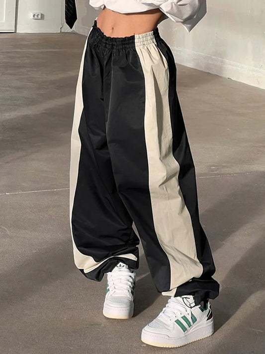 Contrast Patchwork Track Pants Women Elastic High Waist Casual Loose Hippie Baggy Trousers Woven Jogging Sweatpants