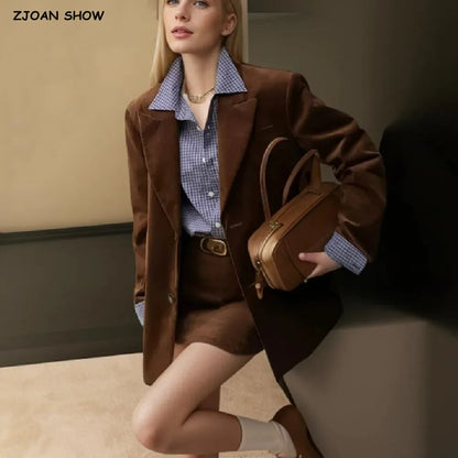 Blazer de pana con muescas estilo Maillard, color café, cintura alta, abertura frontal, falda ajustada, conjunto de 2 piezas