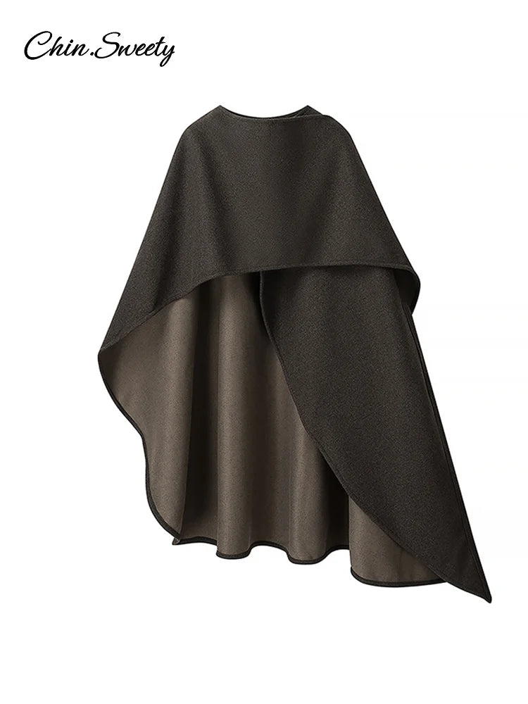Elegant Irregular Cloak Coat Women Solid Half Sleeve O Neck Scarf Loose Female Jacket 2025 Winter Lady Thick Chic Overcoat New