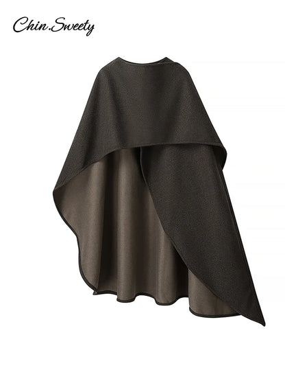 Elegant Irregular Cloak Coat Women Solid Half Sleeve O Neck Scarf Loose Female Jacket 2025 Winter Lady Thick Chic Overcoat New