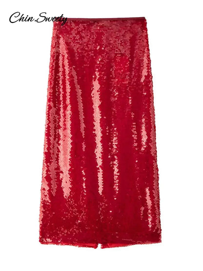 Sequins Red Christmas Sequin Skirts For Women Shiny Split Loose High Waist Straight Skirt 2025 Spring Party Y2K Streetwear New